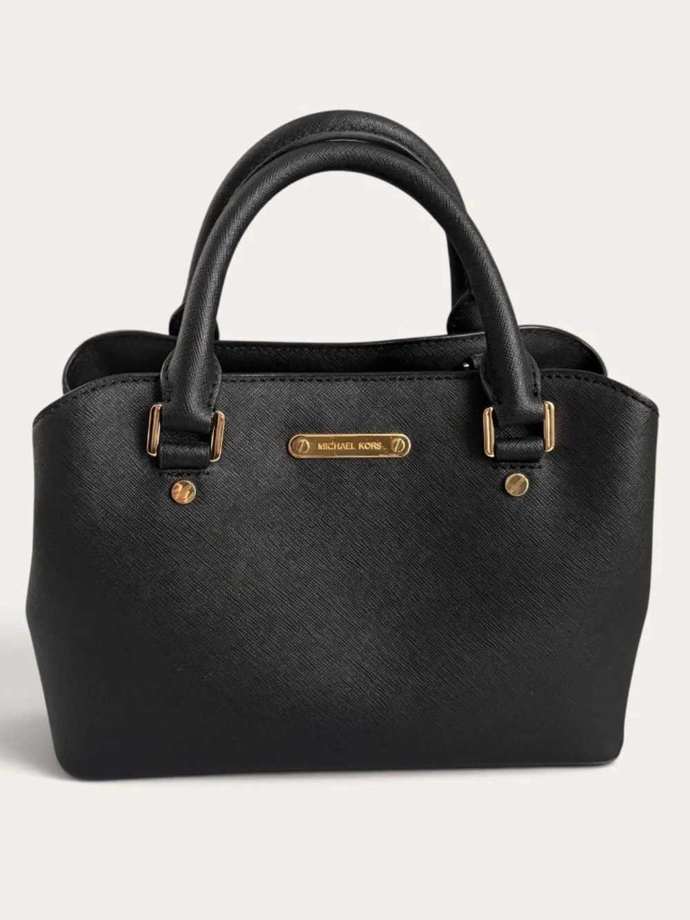 Michael Kors Small Saffiano Leather Top Handle Satchel Crossbody Bag Black Gold
